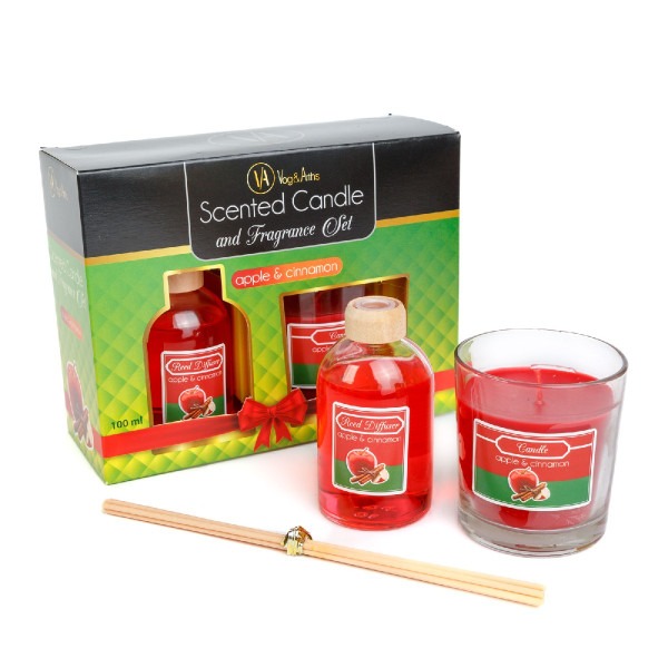 Set lumanare parfumata si odorizant cu bete - mar & scortisoara - 120 g + 100 ml ǀ 58800A